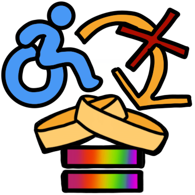 a blue active wheelchair figure, with a crossed-out orange arrow pointing from them to two overlapping golden rings that have a rainbow-gradient equals sign below them.